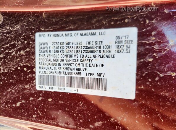5FNRL6H73JB006865 2018 HONDA ODYSSEY Red VIN კოდის სტიკერის ხედი