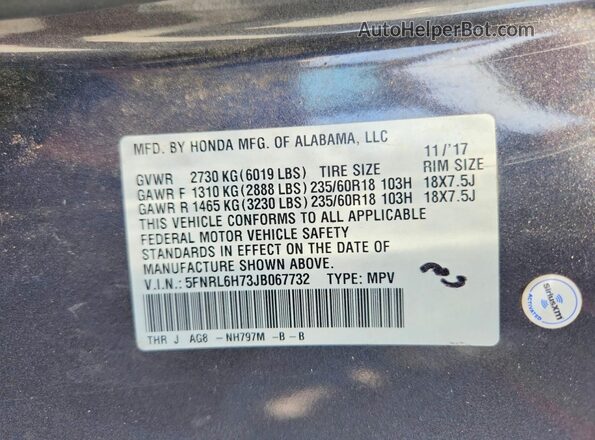 5FNRL6H73JB067732 2018 HONDA ODYSSEY Gray VIN կոդի պիտակի տեսք