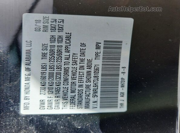 5FNRL6H73JB105671 2018 HONDA ODYSSEY Black Widok naklejki z numerem VIN