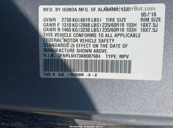 5FNRL6H73KB007984 2019 HONDA ODYSSEY Silver ძრავის განყოფილების ხედი