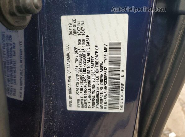 5FNRL6H73KB098612 2019 HONDA ODYSSEY Blue VIN sticker view