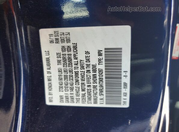 5FNRL6H73KB124397 2019 HONDA ODYSSEY Blue Вид наклейки з VIN-кодом