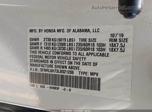 5FNRL6H73LB021286 2020 HONDA ODYSSEY White Engine compartment view