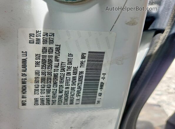 5FNRL6H73LB056796 2020 HONDA ODYSSEY White VIN կոդի պիտակի տեսք