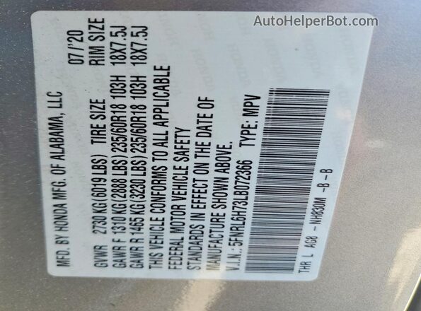 5FNRL6H73LB072366 2020 HONDA ODYSSEY Silver VIN կոդի պիտակի տեսք