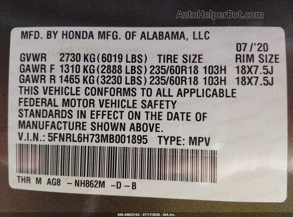 5FNRL6H73MB001895 2021 HONDA ODYSSEY Gray Շարժիչի բաժամունքի տեսք