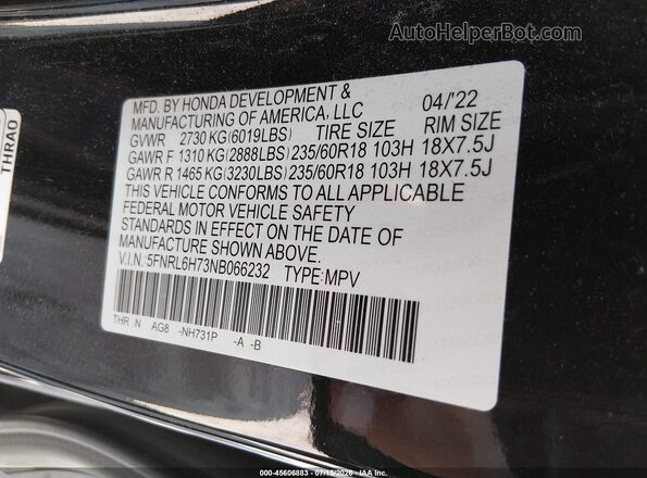 5FNRL6H73NB066232 2022 HONDA ODYSSEY Black Widok komory silnika