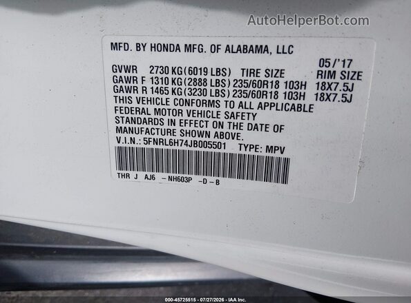 5FNRL6H74JB005501 2018 HONDA ODYSSEY White Вид підкапотного простору