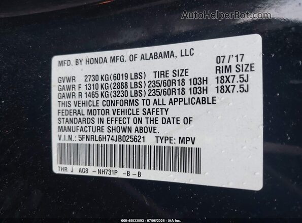 5FNRL6H74JB025621 2018 HONDA ODYSSEY Черный Вид подкапотного пространства