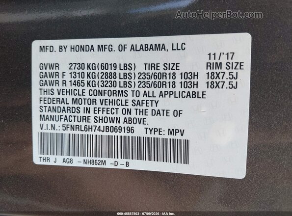 5FNRL6H74JB069196 2018 HONDA ODYSSEY Gray Engine compartment view