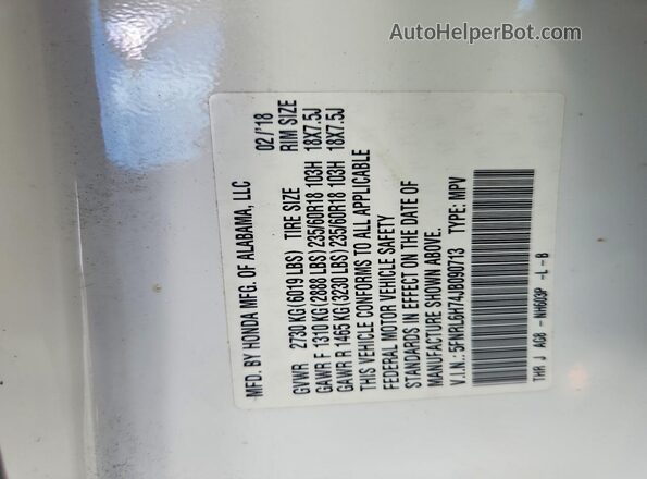 5FNRL6H74JB090713 2018 HONDA ODYSSEY White Widok wnętrza 360 stopni