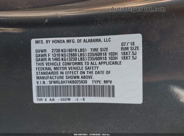 5FNRL6H74KB025930 2019 HONDA ODYSSEY Gray Engine compartment view