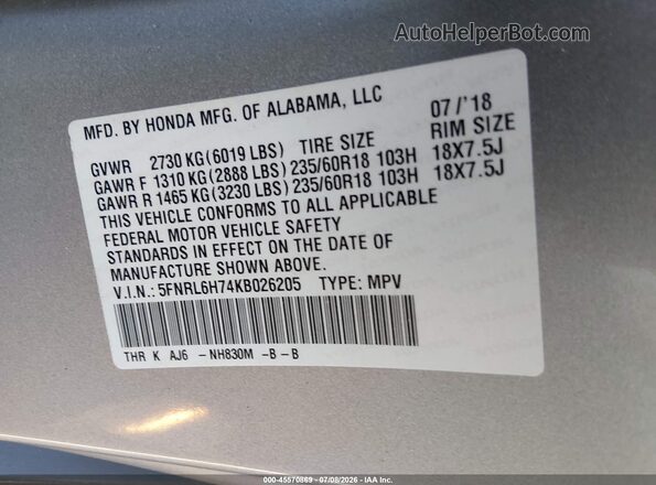 5FNRL6H74KB026205 2019 HONDA ODYSSEY Silver Вид підкапотного простору