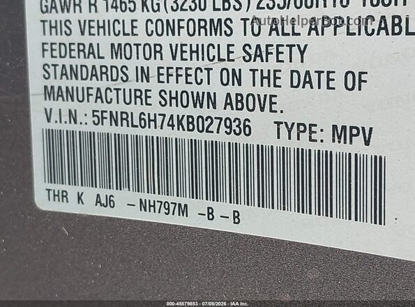 5FNRL6H74KB027936 2019 HONDA ODYSSEY Gray Vista del compartimento del motor