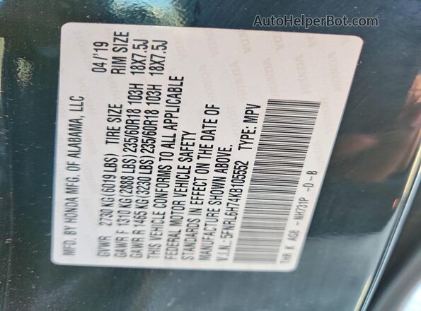 5FNRL6H74KB105552 2019 HONDA ODYSSEY Black VIN კოდის სტიკერის ხედი