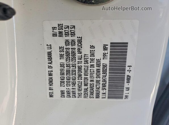 5FNRL6H74LB002987 2020 HONDA ODYSSEY White VIN կոդի պիտակի տեսք