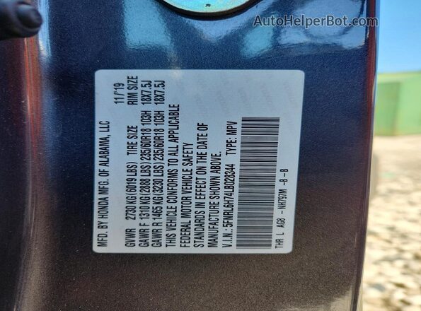 5FNRL6H74LB028344 2020 HONDA ODYSSEY Gray Vista de la etiqueta del VIN