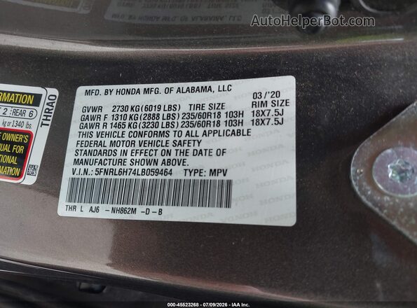 5FNRL6H74LB059464 2020 HONDA ODYSSEY Коричневый Вид подкапотного пространства