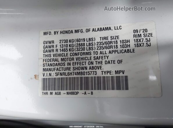5FNRL6H74MB015773 2021 HONDA ODYSSEY White ძრავის განყოფილების ხედი