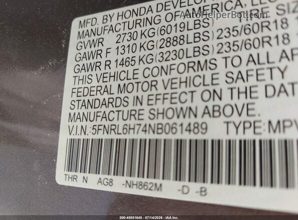 5FNRL6H74NB061489 2022 HONDA ODYSSEY Gray Շարժիչի բաժամունքի տեսք