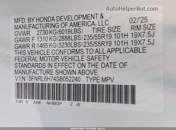 5FNRL6H74SB052240 2025 HONDA ODYSSEY White Widok komory silnika