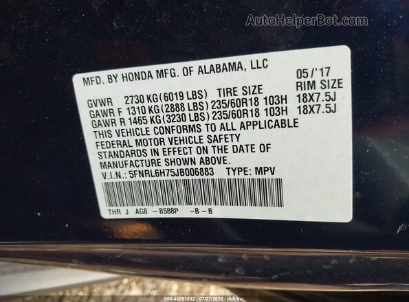 5FNRL6H75JB006883 2018 HONDA ODYSSEY Dark Blue Вид підкапотного простору