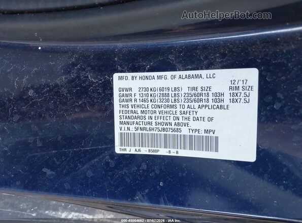 5FNRL6H75JB075685 2018 HONDA ODYSSEY Blue Вид підкапотного простору