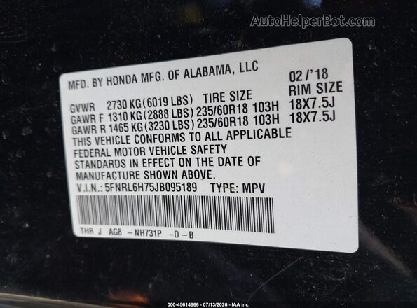 5FNRL6H75JB095189 2018 HONDA ODYSSEY Black Engine compartment view