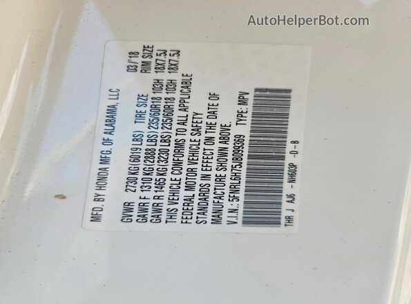 5FNRL6H75JB099369 2018 HONDA ODYSSEY White Вид наклейки з VIN-кодом