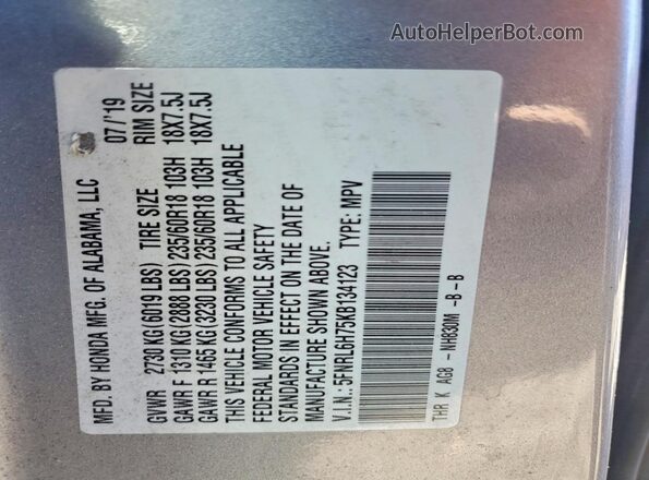 5FNRL6H75KB134123 2019 HONDA ODYSSEY Silver VIN კოდის სტიკერის ხედი