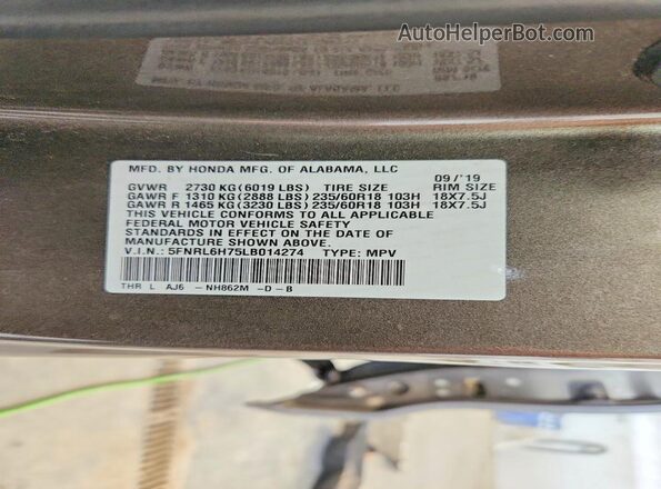 5FNRL6H75LB014274 2020 HONDA ODYSSEY Gray Vista de la etiqueta del VIN