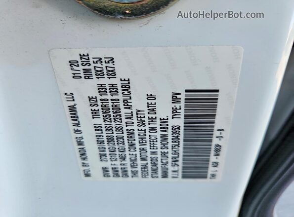5FNRL6H75LB043953 2020 HONDA ODYSSEY White VIN կոդի պիտակի տեսք