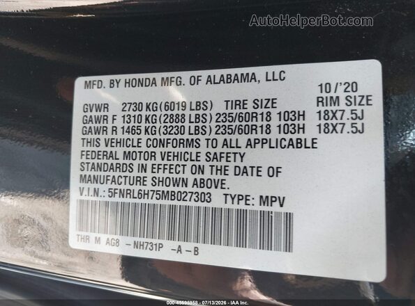 5FNRL6H75MB027303 2021 HONDA ODYSSEY Black Շարժիչի բաժամունքի տեսք