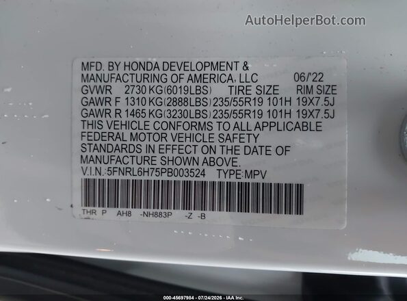 5FNRL6H75PB003524 2023 HONDA ODYSSEY White Vista del compartimento del motor