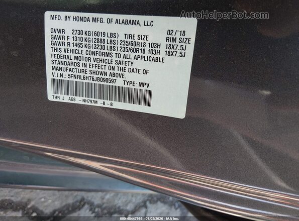 5FNRL6H76JB090597 2018 HONDA ODYSSEY Black Widok komory silnika