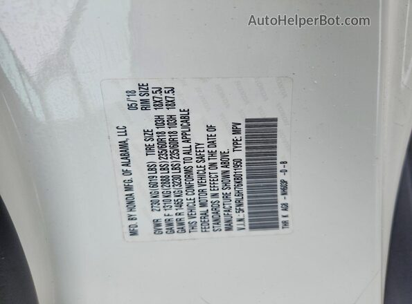 5FNRL6H76KB011950 2019 HONDA ODYSSEY White Widok naklejki z numerem VIN