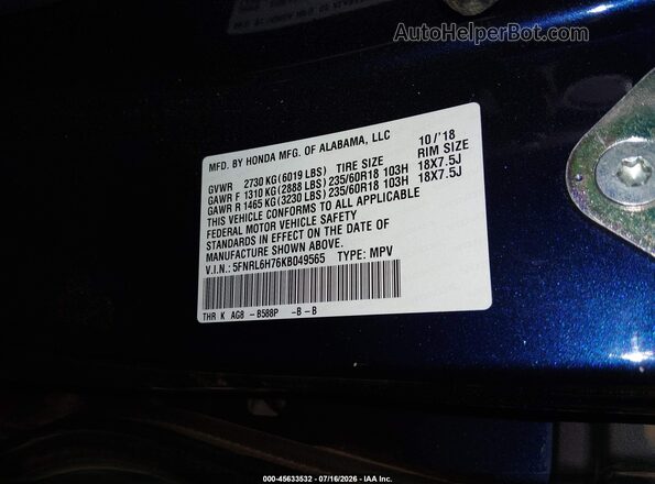 5FNRL6H76KB049565 2019 HONDA ODYSSEY Blue ძრავის განყოფილების ხედი