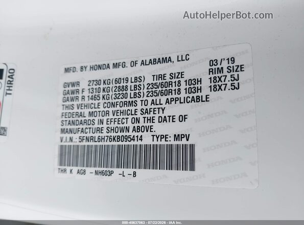 5FNRL6H76KB095414 2019 HONDA ODYSSEY Белый Вид подкапотного пространства