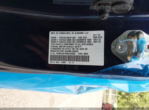 5FNRL6H76KB133028 2019 HONDA ODYSSEY Blue Շարժիչի բաժամունքի տեսք