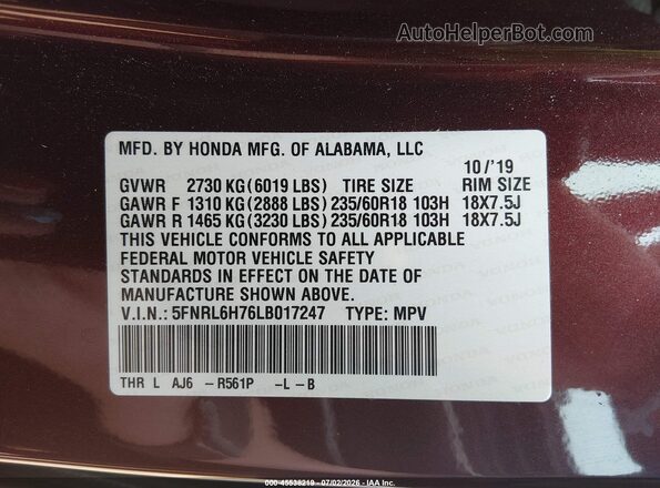 5FNRL6H76LB017247 2020 HONDA ODYSSEY Maroon Вид підкапотного простору