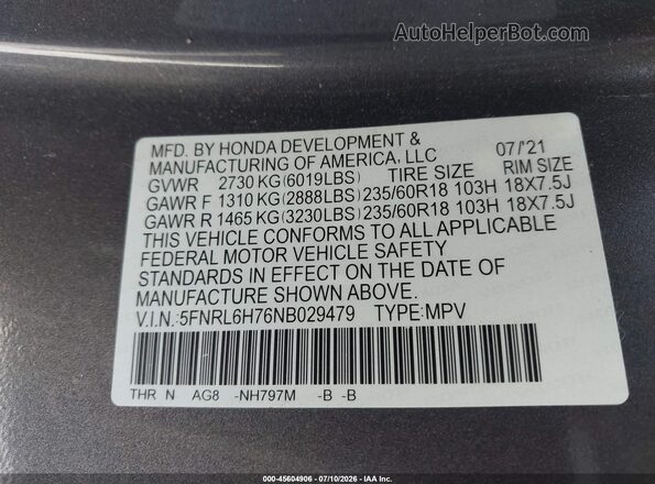 5FNRL6H76NB029479 2022 HONDA ODYSSEY Gray Vista del compartimento del motor