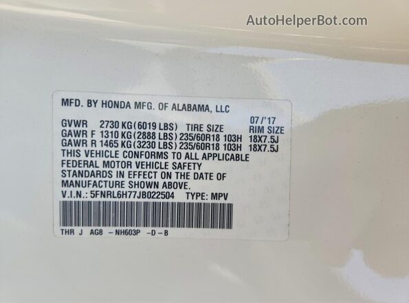 5FNRL6H77JB022504 2018 HONDA ODYSSEY White Շարժիչի բաժամունքի տեսք