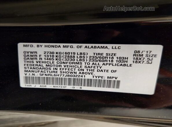 5FNRL6H77JB032241 2018 HONDA ODYSSEY Black VIN կոդի պիտակի տեսք