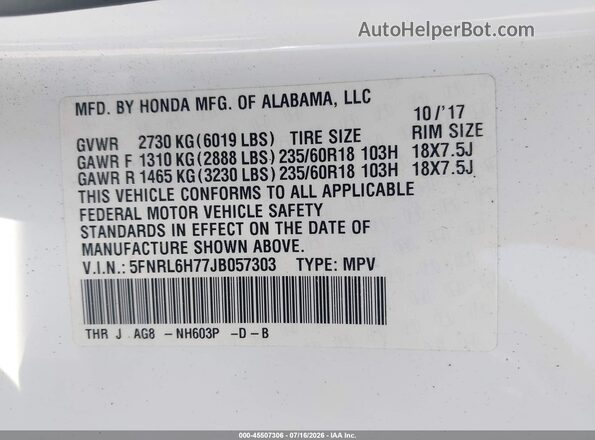 5FNRL6H77JB057303 2018 HONDA ODYSSEY White ძრავის განყოფილების ხედი