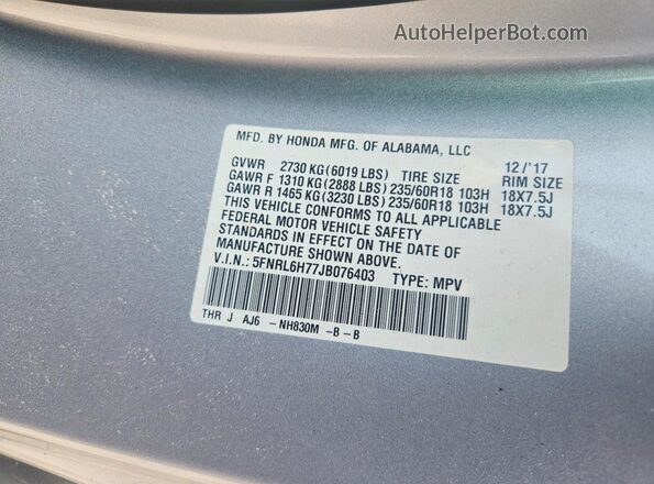5FNRL6H77JB076403 2018 HONDA ODYSSEY Silver VIN կոդի պիտակի տեսք