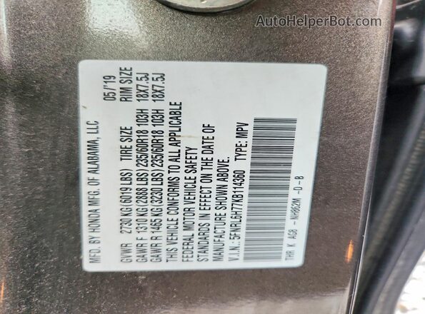 5FNRL6H77KB114360 2019 HONDA ODYSSEY Charcoal VIN კოდის სტიკერის ხედი