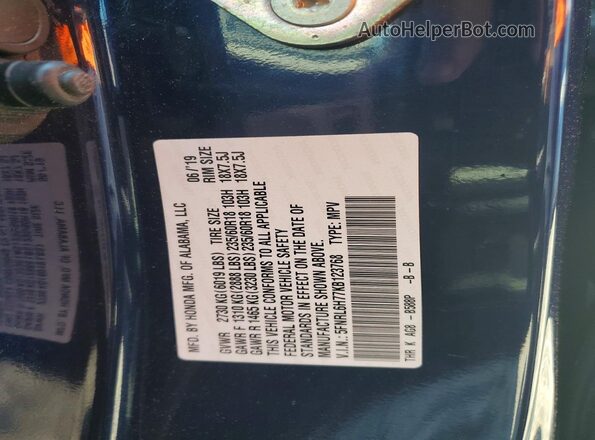 5FNRL6H77KB123768 2019 HONDA ODYSSEY Silver VIN կոդի պիտակի տեսք