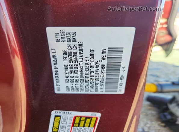 5FNRL6H77KB135340 2019 HONDA ODYSSEY Maroon Vista de la etiqueta del VIN