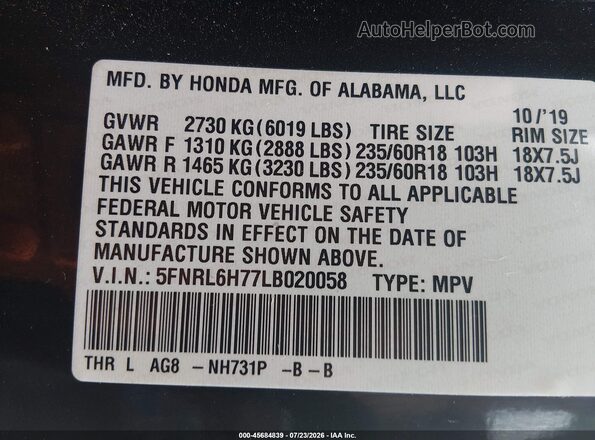 5FNRL6H77LB020058 2020 HONDA ODYSSEY Black Вид підкапотного простору