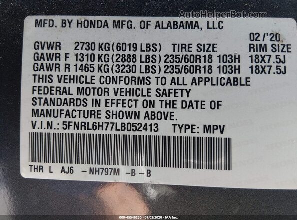 5FNRL6H77LB052413 2020 HONDA ODYSSEY Silver Vista del compartimento del motor